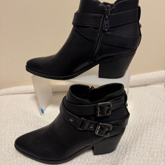 G by Guess Shoes - G by Guess Black Pointed Toe Ankle Boots Double Buckle Moto Block Heel 6.5